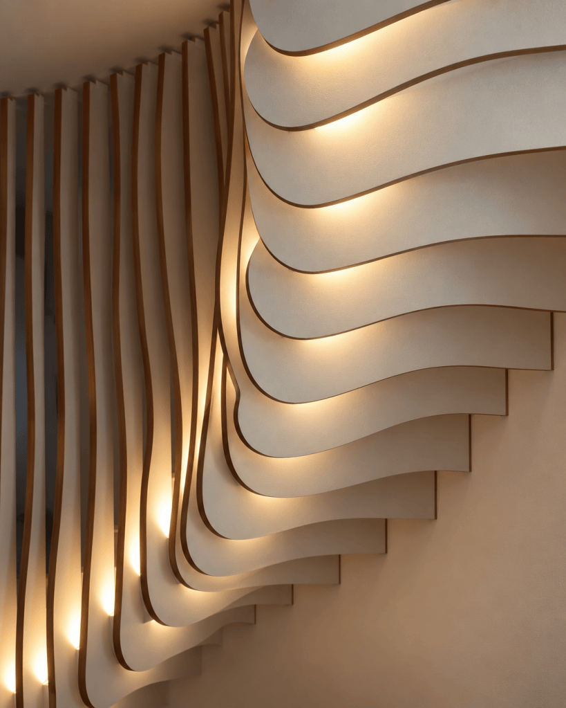 garde corps Habillage décoratif en bois avec lames courbes et éclairage led intégré.